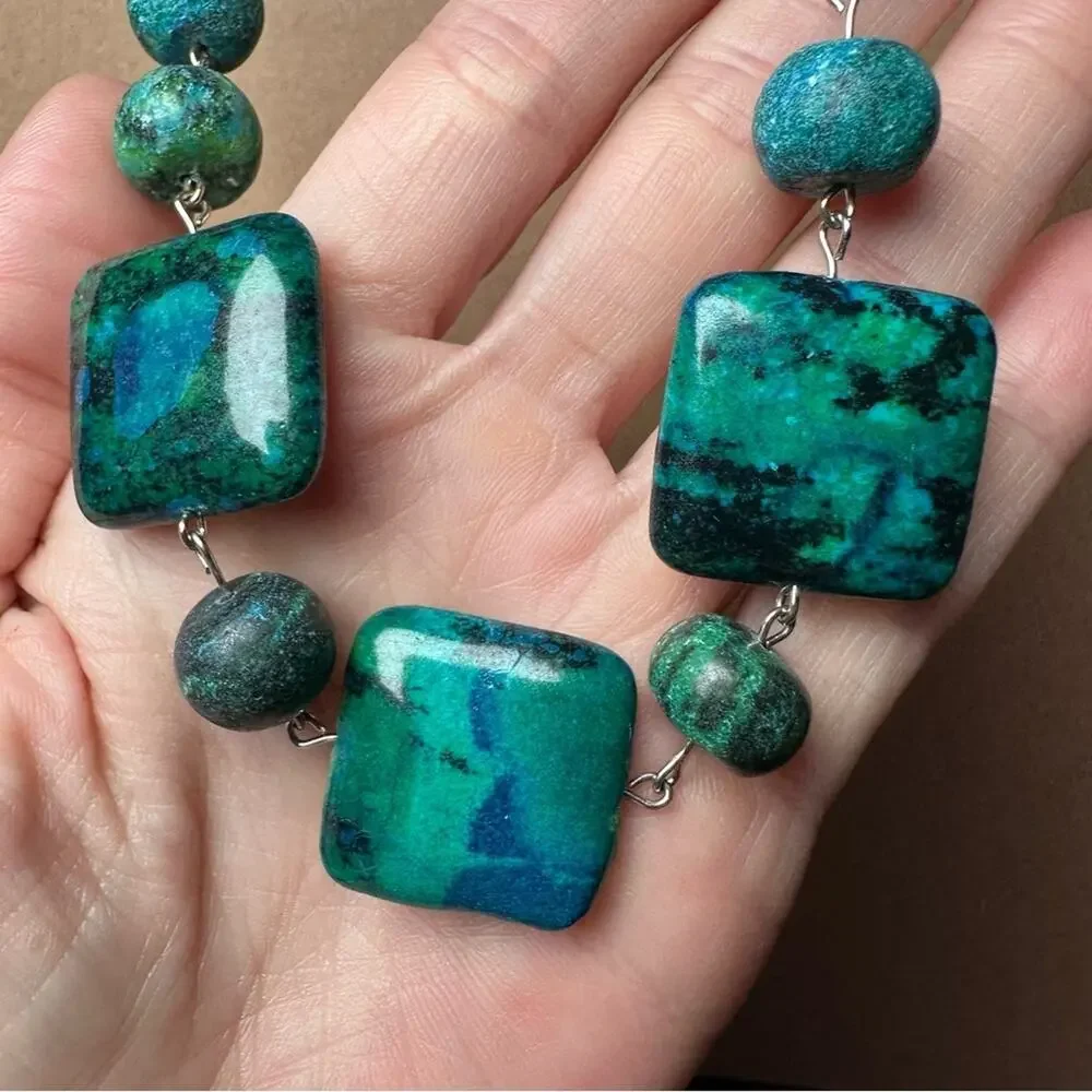 Chrysocolla necklace square and round beats handmade one of a kind gemstone